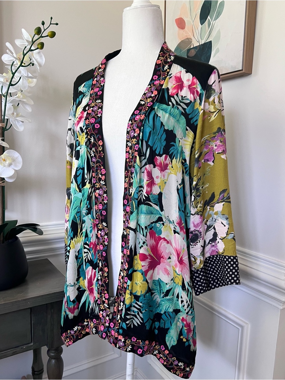 John Mark Floral Tropical Kimono Jacket in Black, Teal, Pink, Olive Size S/M